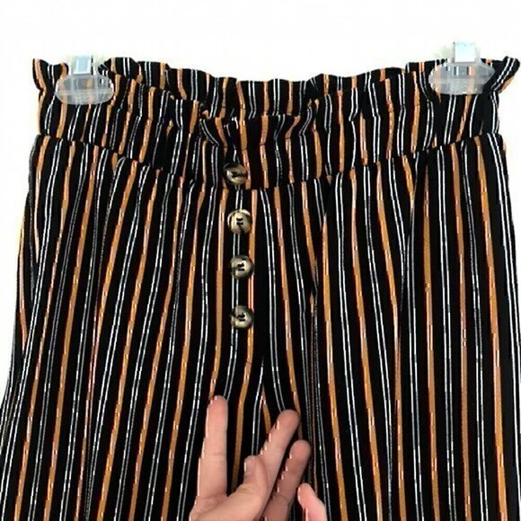 MUST HAVE FOREVER 21 Striped Paperbag Pants Black Mustard White Elastic Waist S - Picture 7 of 12